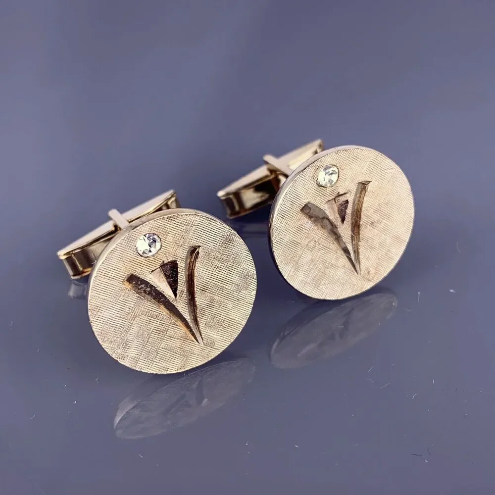 Torch Rhinestone Gold Plated Cufflinks Abstract Carved Textured Vintage